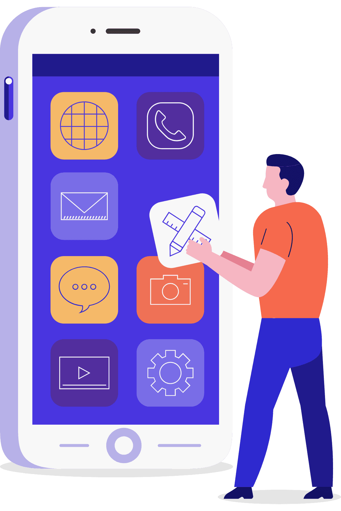 Mobil uygulama arayüzü tasarlayan bir kişi, büyük bir akıllı telefon ekranındaki uygulama simgeleriyle çalışıyor